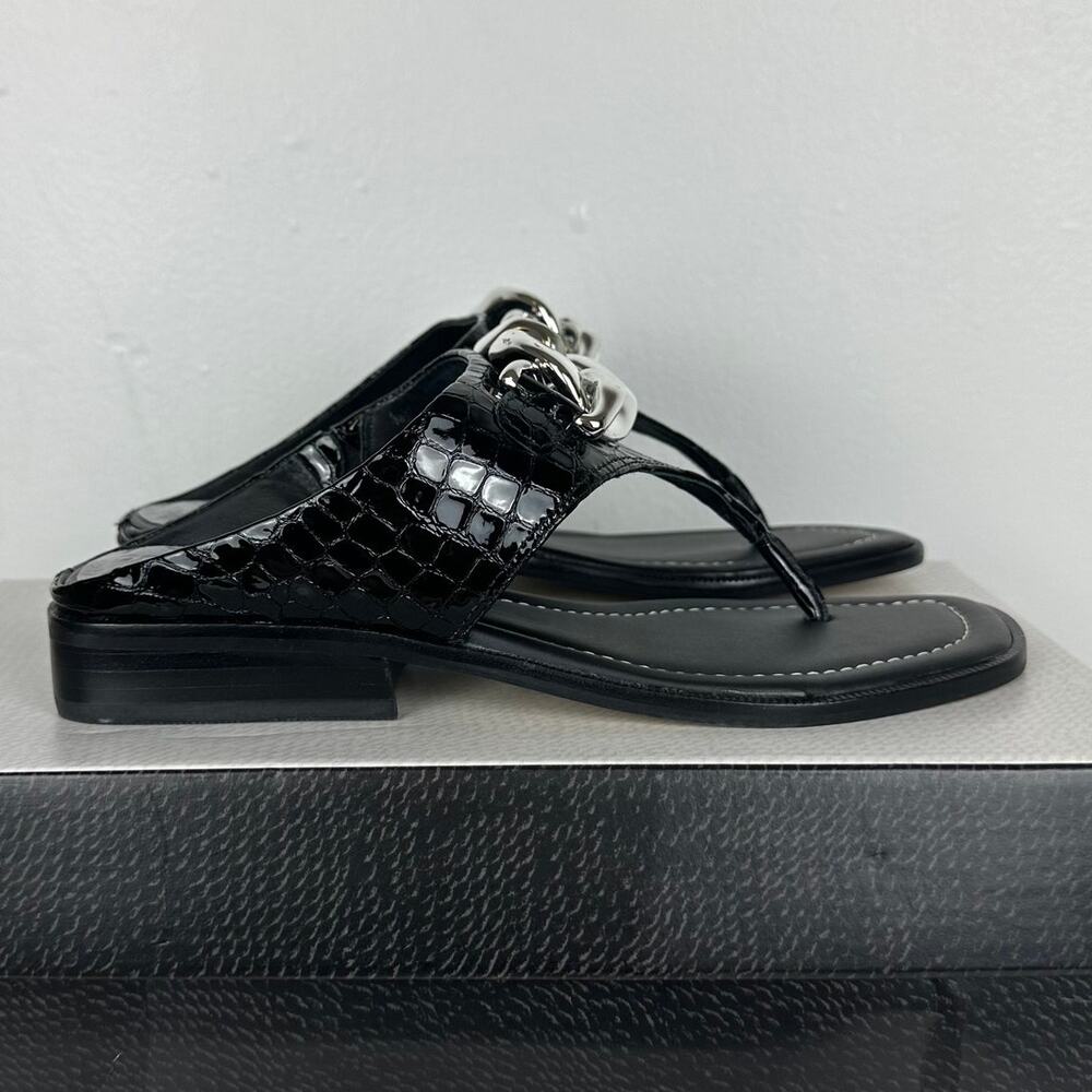 NWB Donald Pliner Louise66 Leather Slip-On Crocco Patent Heeled Black Sandals 6